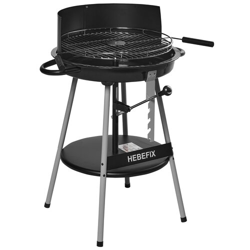 Czarny grill węglowy z okrągłym rusztem i uchwytem, osadzony na czterech metalowych nogach, z dolną półką. Na przedniej części widoczny jest napis "HEBEFIX".