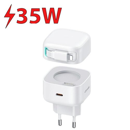 Biała ładowarka sieciowa z dwoma elementami, z widocznym portem USB-C i wtyczką do gniazdka, obok czerwony napis "35W" z symbolem błyskawicy. Na produkcie widoczny jest napis "USAMS".