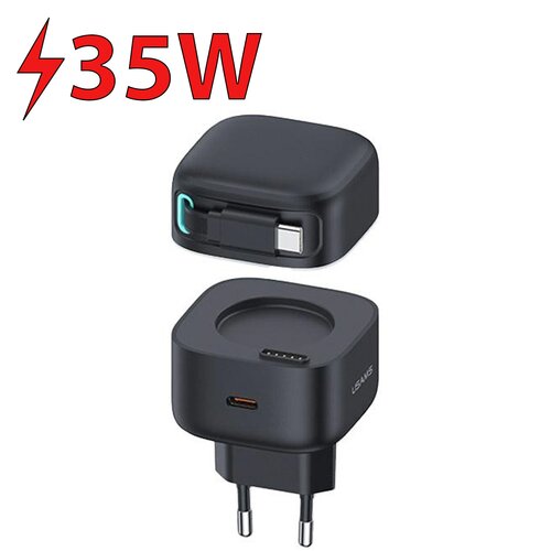 Czarna ładowarka sieciowa z dwoma portami, jednym USB-C i jednym USB-A, oraz wtyczką do gniazdka. Obok ładowarki widoczny jest czerwony napis "35W" z symbolem błyskawicy.