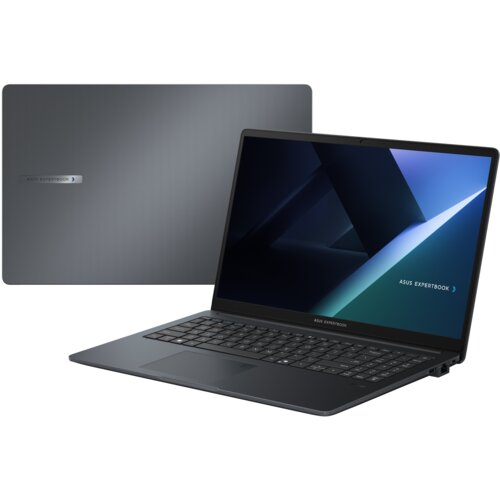 Na zdjęciu widoczny jest laptop z otwartym ekranem, na którym wyświetla się logo "ASUS EXPERTBOOK", oraz zamknięta pokrywa z napisem "ASUS EXPERTBOOK". Laptop ma ciemną obudowę i pełnowymiarową klawiaturę.