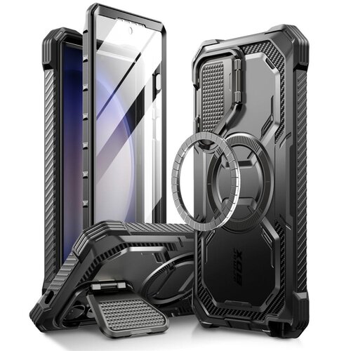 Czarne etui ochronne do telefonu z widocznymi wzmocnieniami na rogach i teksturowaną powierzchnią. Na etui znajduje się napis "SUPCASE" oraz "IBLSN ArmorBox".