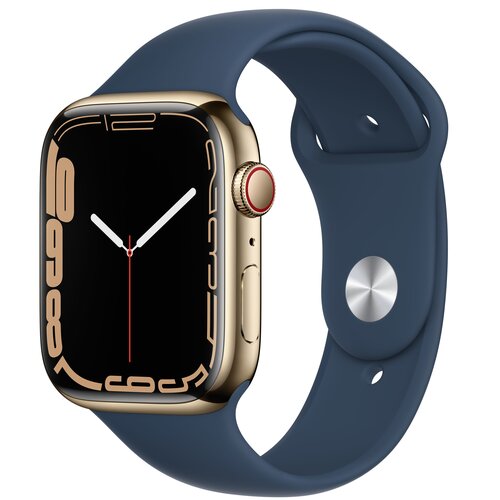 Apple Watch 7 GPS + Cellular 45mm koperta ze stali nierdzewnej (złoty) + opaska sportowa (błękitna toń)