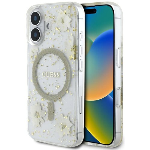 Etui GUESS Resin Flowers Glitter MagSafe do Apple iPhone 16 Beżowy