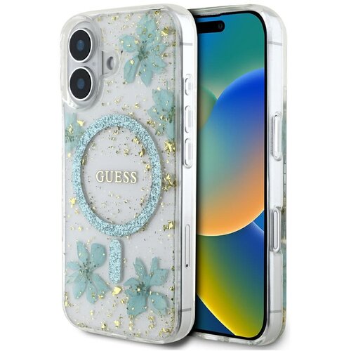 Etui GUESS Resin Flowers Glitter MagSafe do Apple iPhone 16 Turkusowy