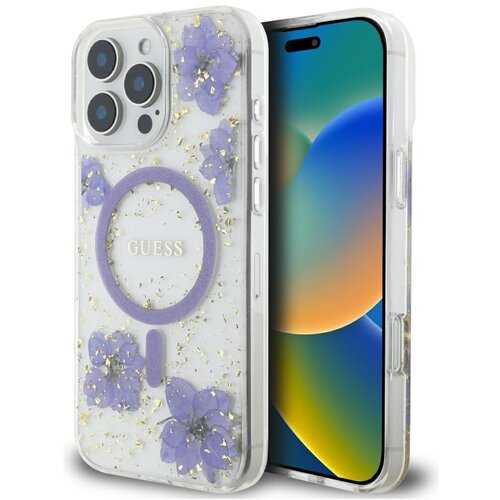 Etui GUESS Resin Flowers Glitter MagSafe do Apple iPhone 16 Pro Max Fioletowy