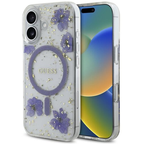 Etui GUESS Resin Flowers Glitter MagSafe do Apple iPhone 16 Fioletowy