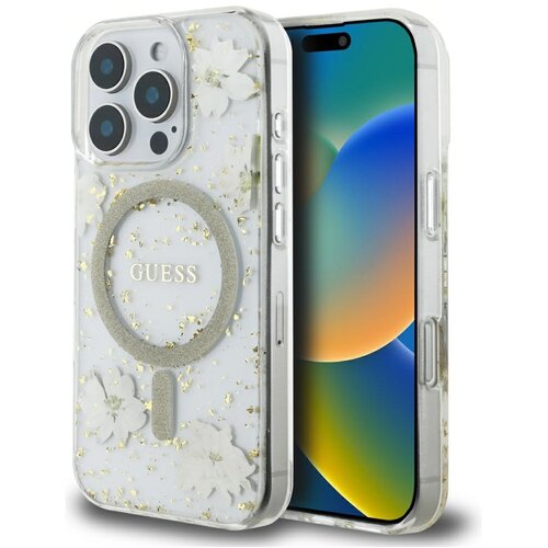 Etui GUESS Resin Flowers Glitter MagSafe do Apple iPhone 16 Pro Max Beżowy