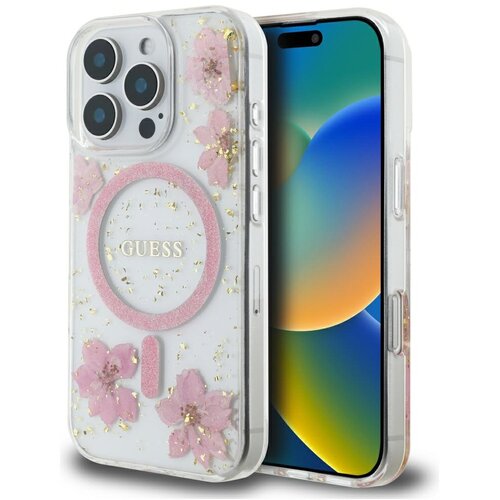 Przezroczyste etui na telefon z różowymi kwiatami i złotymi drobinkami, posiada okrągły różowy element z napisem "GUESS". Etui jest dopasowane do telefonu z trzema aparatami i wyświetlaczem pokazującym kolorowy ekran.
