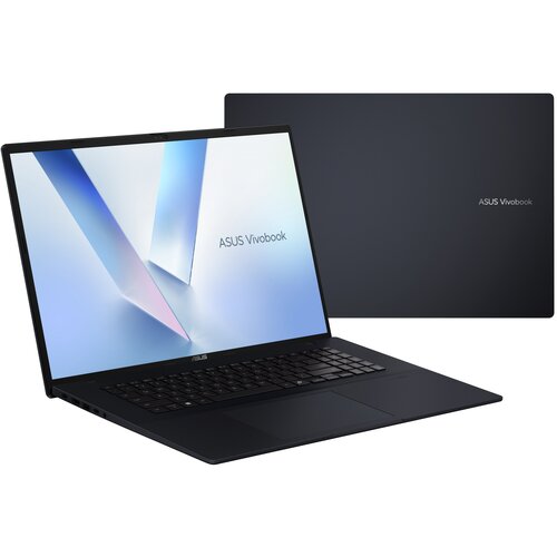 Na zdjęciu widoczny jest laptop z otwartym ekranem, na którym wyświetla się logo "ASUS VivoBook", oraz zamknięta pokrywa z tym samym logo. Laptop ma ciemną obudowę i klawiaturę, a ekran prezentuje gradientowe tło.