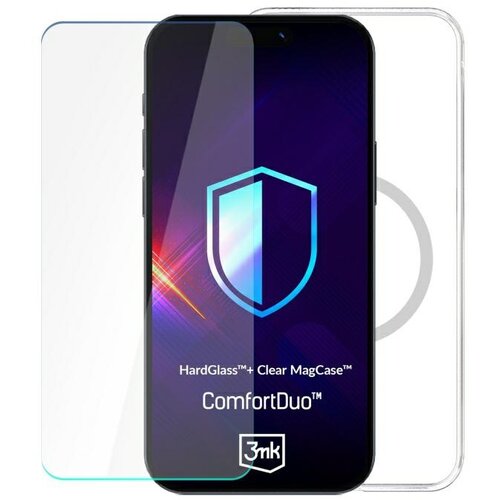Na zdjęciu widoczny jest telefon z nałożonym szkłem hartowanym i przezroczystym etui, z wyświetlonym logo tarczy oraz napisami: "HardGlass™ + Clear MagCase™" i "ComfortDuo™". Na dole ekranu znajduje się logo "3mk".