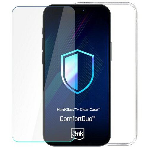 Przezroczyste etui i szkło hartowane na telefon, z widocznym logo "3mk" oraz napisami "HardGlass™+ Clear Case™" i "ComfortDuo™". Na ekranie telefonu znajduje się grafika z niebieskim symbolem tarczy.