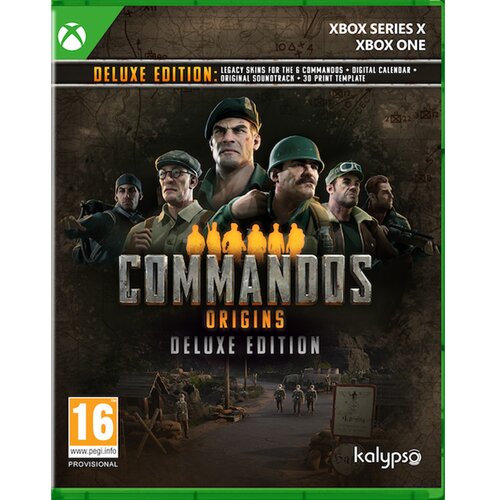 Okładka gry "Commandos: Origins Deluxe Edition" na konsolę Xbox Series X i Xbox One, przedstawia grupę postaci w wojskowych mundurach na tle mapy. Widoczny jest tekst: "Deluxe Edition: Legacy Skins for the 6 Commandos • Digital Calendar • Original Soundtr