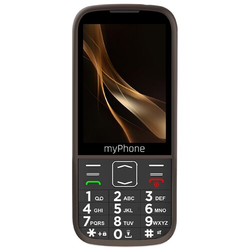 Telefon komórkowy z dużym ekranem i klawiaturą numeryczną, na której widoczne są przyciski z cyframi od 1 do 9 oraz symbolem # i *. Na obudowie pod ekranem znajduje się napis "myPhone".