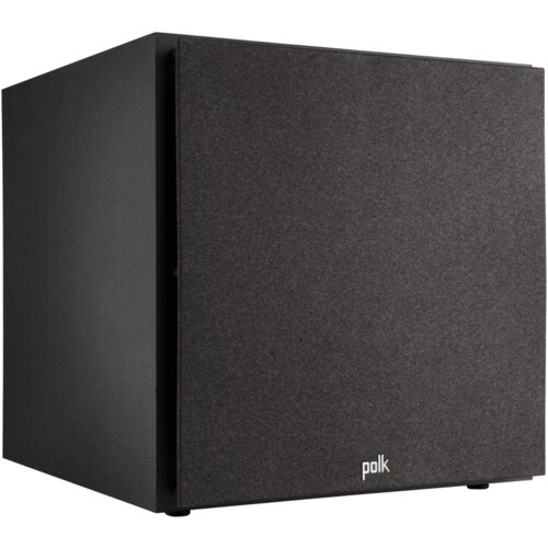 Czarny subwoofer o prostej, sześciennej konstrukcji z widocznym logo "polk" na przednim panelu. Powierzchnia subwoofera jest matowa, a jego front pokryty jest materiałem tekstylnym.