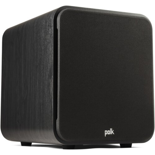 Czarny subwoofer o prostokątnym kształcie z zaokrąglonymi krawędziami, z widocznym logo "polk" na przedniej części. Obudowa ma teksturę przypominającą drewno.