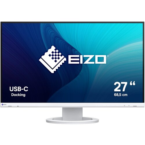 Monitor z białą ramką i podstawą, na ekranie widoczne jest logo "EIZO" na tle gradientu od ciemnoniebieskiego do jasnoniebieskiego. Na ekranie znajdują się również napisy: "USB-C Docking" oraz "27" 68,5 cm".