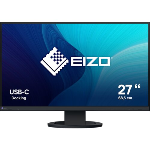 Monitor z czarną ramką wyświetla niebiesko-turkusową grafikę z logo "EIZO" oraz napisami "USB-C Docking" i "27'' 68,5 cm".