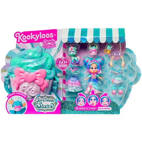 Opakowanie produktu "Lalka MAGIC BOX KookyLoos Candy Land Ice Cream Stars PKLSP104IN240" przedstawia zestaw z lalką i akcesoriami, w tym figurką zwierzątka, ubraniami i dodatkami. Na opakowaniu widnieją napisy: "Kookyloos Candy Land", "Ice Cream Stars", "