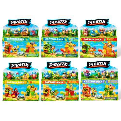 Na zdjęciu widoczne są opakowania zestawów figurek "PIRATIX Adventure World" z serii "Crazy Jungle Captain Pack", zawierające różnorodne kolorowe figurki i akcesoria. Na każdym opakowaniu znajduje się napis "Captain Pack" oraz ilustracje przedstawiające p