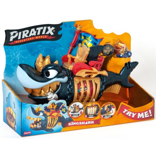 Opakowanie zestawu figurek "Piratix Adventure World" przedstawia dużą figurkę rekina z elementami pirackimi, takimi jak tron i flaga, oraz mniejsze akcesoria. Na opakowaniu widnieją napisy: "PIRATIX ADVENTURE WORLD", "KINGSHARK", "TRY ME!", a także ilustr