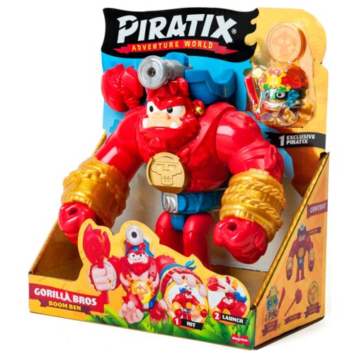 Opakowanie zestawu figurek "Piratix Adventure World" z dużą, czerwoną figurką o złotych bransoletach i medalionie z czaszką oraz mniejszą figurką w przezroczystym opakowaniu. Na opakowaniu widnieją napisy: "GORILLA BROS BOOM BEN", "1 EXCLUSIVE PIRATIX", "