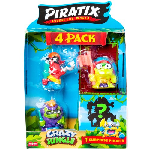 Opakowanie zestawu figurek "Piratix Adventure World Crazy Jungle Four Pack" zawiera cztery kolorowe figurki, z których jedna jest niespodzianką. Na opakowaniu widnieją napisy: "PIRATIX ADVENTURE WORLD", "4 PACK", "CRAZY JUNGLE", "1 SURPRISE PIRATIX" oraz 
