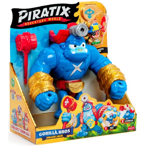 Opakowanie zestawu figurek "Piratix Adventure World" przedstawia dużą, niebieską figurkę z czerwonym młotem i złotymi bransoletami, a także mniejszą figurkę w przezroczystym opakowaniu. Na opakowaniu widnieje napis "GORILLA BROS SMASH JACK" oraz instrukcje "1 HIT" i "2 LAUNCH".