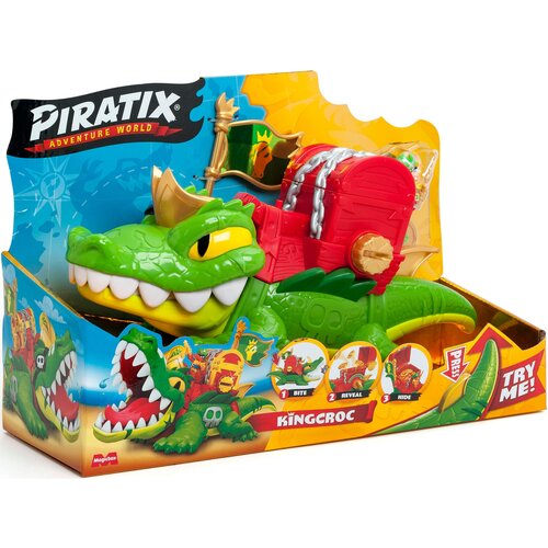 Opakowanie zestawu figurek "MAGIC BOX Piratix Adventure World Crazy Jungle King Croc" przedstawia zielonego krokodyla z czerwonym plecakiem i złotą koroną, z widocznymi napisami: "PIRATIX ADVENTURE WORLD", "KING CROC", "TRY ME!", oraz ilustracjami pokazuj