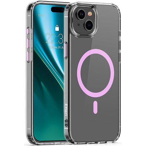Przezroczysto-różowe etui na telefon z widocznym okrągłym wzorem w kolorze różowym na tylnej części. Na boku etui znajduje się napis "Etteri", a na ekranie telefonu widoczna jest godzina 22:30 oraz data "Tuesday, 31 July".