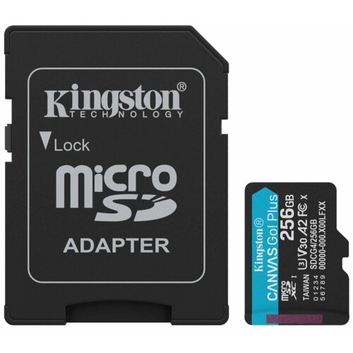 Na zdjęciu widoczna jest karta pamięci microSD z napisem "Kingston CANVAS Go! Plus 256GB" oraz adapter z napisem "Kingston Technology microSD Adapter".
