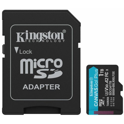 Czarna karta microSD z adapterem, na którym widnieje napis "Kingston Technology" oraz "Lock microSD Adapter". Obok znajduje się karta pamięci z napisem "Kingston Canvas Go! Plus 1TB V30 A2".