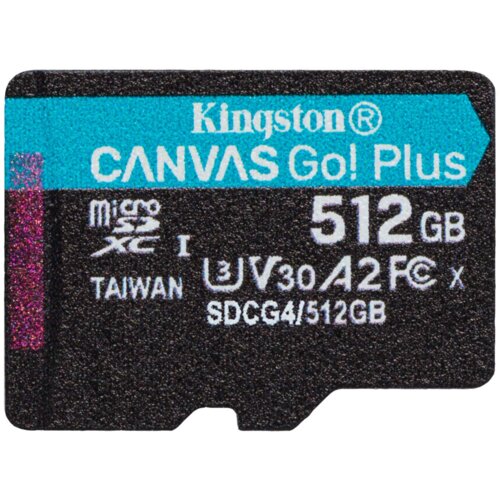 Karta pamięci microSD z widocznym napisem "Kingston CANVAS Go! Plus" oraz oznaczeniami "512GB", "microSDXC I", "TAIWAN", "U3 V30 A2", "SDCG4/512GB". Na karcie znajdują się także symbole związane z klasą prędkości i standardami.