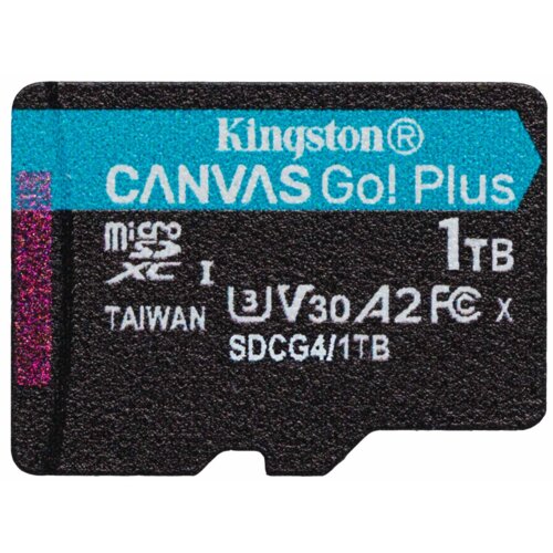 Karta pamięci z widocznym napisem "Kingston CANVAS Go! Plus" oraz oznaczeniami "microSD XC I", "1TB", "U3 V30 A2", "TAIWAN", "SDCG4/1TB". Na górze karty znajduje się niebieski pasek z białym tekstem.