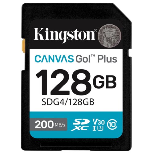 Czarna karta pamięci z białą etykietą, na której widnieje napis "Kingston CANVAS Go! Plus 128GB SDG4/128GB". Na dole etykiety znajdują się oznaczenia "200 MB/s", "SDXC", "V30", "I3" oraz symbol "10" w kółku.