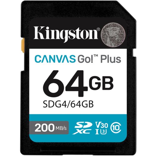 Na zdjęciu widoczna jest karta pamięci z napisem "Kingston CANVAS Go! Plus 64GB SDG4/64GB" oraz oznaczeniami "200 MB/s", "SDXC", "V30", "I3", "10".