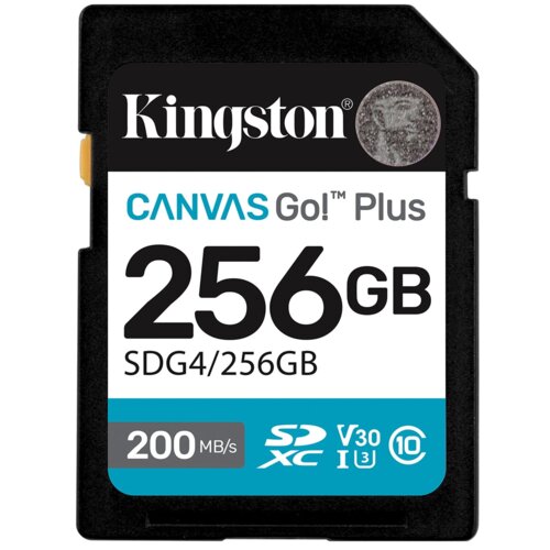Na zdjęciu widoczna jest karta pamięci z napisem "Kingston CANVAS Go! Plus 256GB SDG4/256GB". Dodatkowe oznaczenia to "200 MB/s", "SDXC", "V30", "U3" oraz symbol klasy 10.