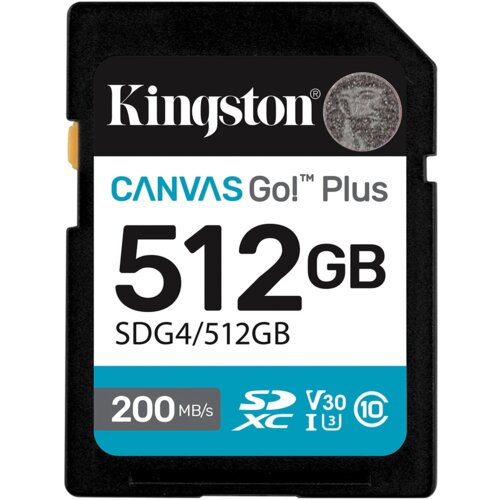 Na zdjęciu znajduje się karta pamięci z napisem "Kingston CANVAS Go! Plus 512GB SDG4/512GB". Widoczne są także oznaczenia "200 MB/s", "SDXC", "V30", "I3" oraz "10" w dolnej części karty.
