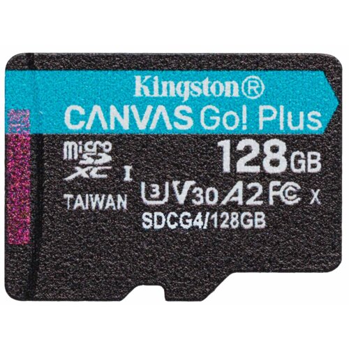 Karta pamięci microSD z widocznym napisem "Kingston CANVAS Go! Plus" oraz oznaczeniami "128GB", "microSDXC I", "TAIWAN", "U3 V30 A2", "SDCG4/128GB". Na karcie znajduje się również logo producenta.