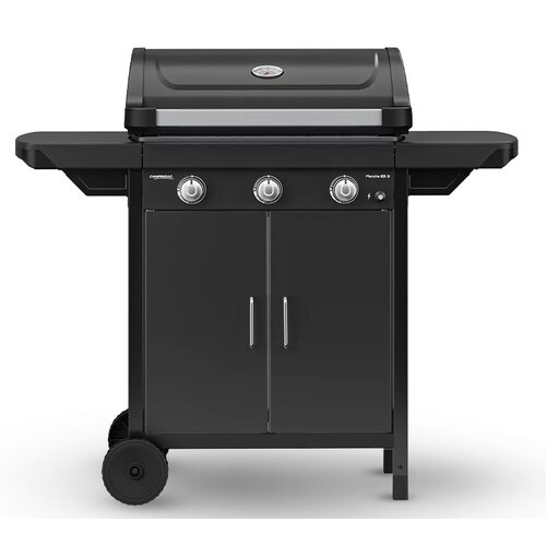 Czarny grill gazowy z trzema pokrętłami na panelu przednim, dwoma bocznymi półkami i dwudrzwiową szafką na dole. Na pokrywie znajduje się okrągły wskaźnik temperatury, a na panelu widoczny jest napis "CAMPINGAZ Plancha EX3".