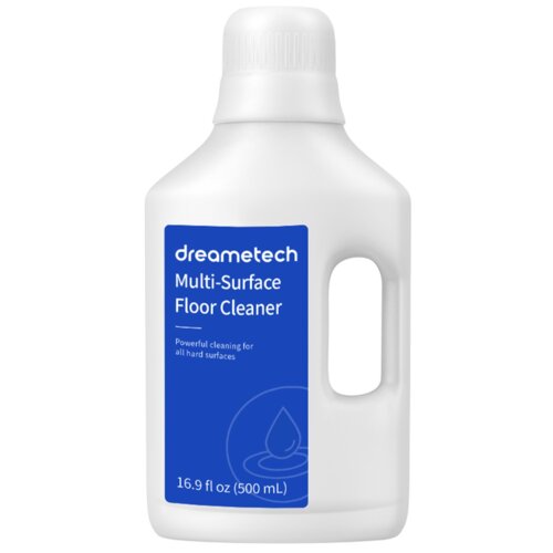 Biała butelka z niebieską etykietą, na której widnieje napis: "dreametech Multi-Surface Floor Cleaner. Powerful cleaning for all hard surfaces. 16.9 fl oz (500 mL)".