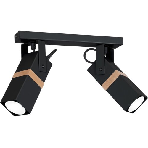 Czarna lampa sufitowa z dwoma regulowanymi reflektorami o prostokątnym kształcie, ozdobiona drewnianymi akcentami. Produkt ma nowoczesny design i jest przeznaczony do montażu na suficie.
