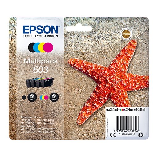Zestaw tuszów EPSON 603 Czarny 3.4 ml, Błękitny 2.4 ml, Purpurowy 2.4 ml, Żółty 2.4 ml C13T03U64010