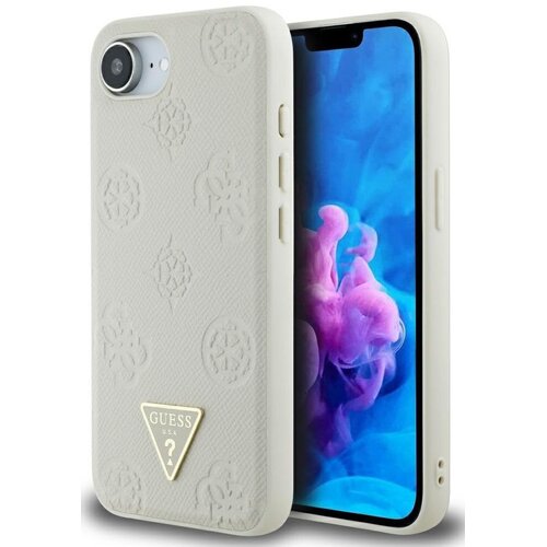 Etui GUESS Grained Hot Stamp Peony Triangle Logo MagSafe do Apple iPhone 16e Beżowy