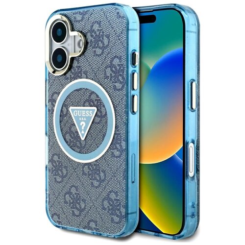 Etui GUESS IML Metal Glitter 4G Circle Triangle MagSafe do Apple iPhone 16 Niebieski