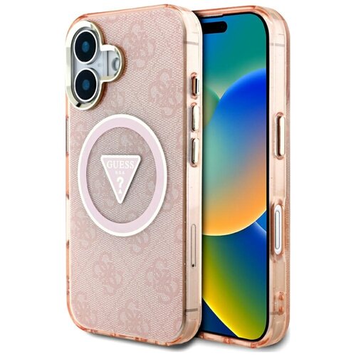 Różowe etui na telefon z przezroczystymi bokami, ozdobione wzorem 4G i okrągłym elementem z logo "GUESS U.S.A." w kształcie trójkąta. Etui jest przystosowane do technologii MagSafe i przeznaczone dla modelu Apple iPhone 16.