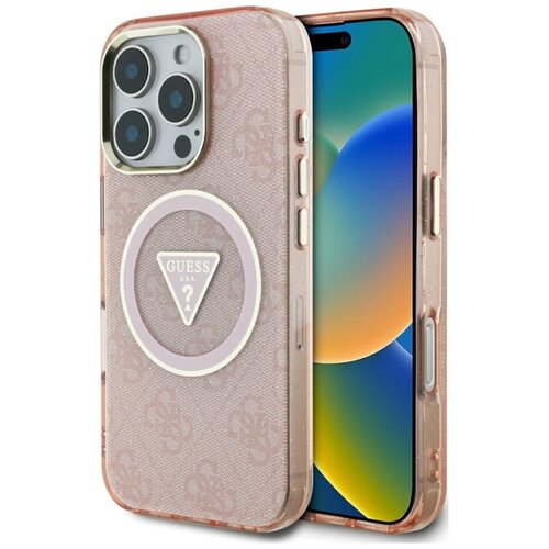 Etui GUESS IML Metal Glitter 4G Circle Triangle MagSafe do Apple iPhone 16 Pro Różowy