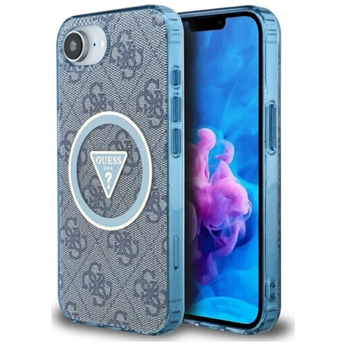 Etui GUESS IML Metal Glitter 4G Circle Triangle MagSafe do Apple iPhone 16e Niebieski