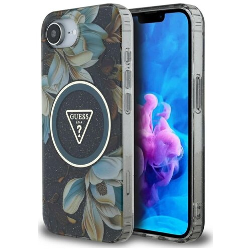 Etui GUESS IML Metal Glitter Flowers Triangle MagSafe do Apple iPhone 16e Czarny