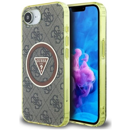Etui na telefon z przezroczystymi bokami i wzorem w ciemne, stylizowane litery na brązowym tle. Na środku znajduje się okrągłe logo z napisem "GUESS U.S.A" w trójkącie.