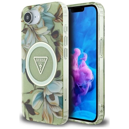 Etui GUESS IML Metal Glitter Flowers Triangle MagSafe do Apple iPhone 16e Zielony